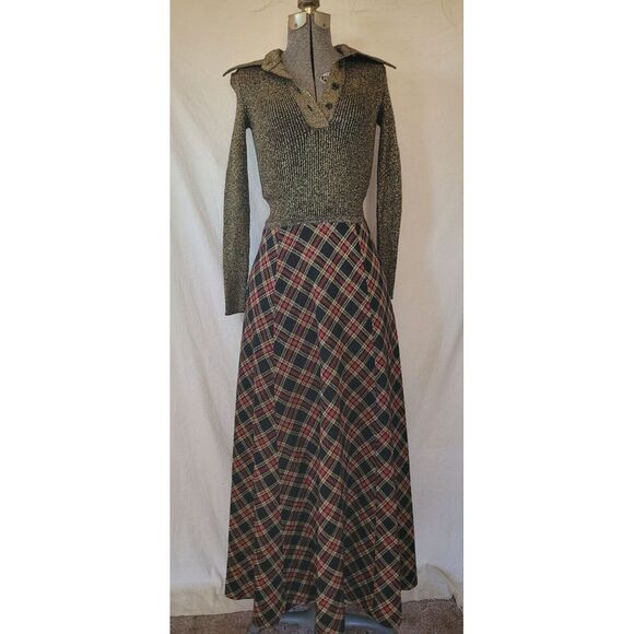 Vintage Crissa Linea Italiana Italy Wool Maxi Dress Tartan Gold Red Holiday S - Picture 3 of 14